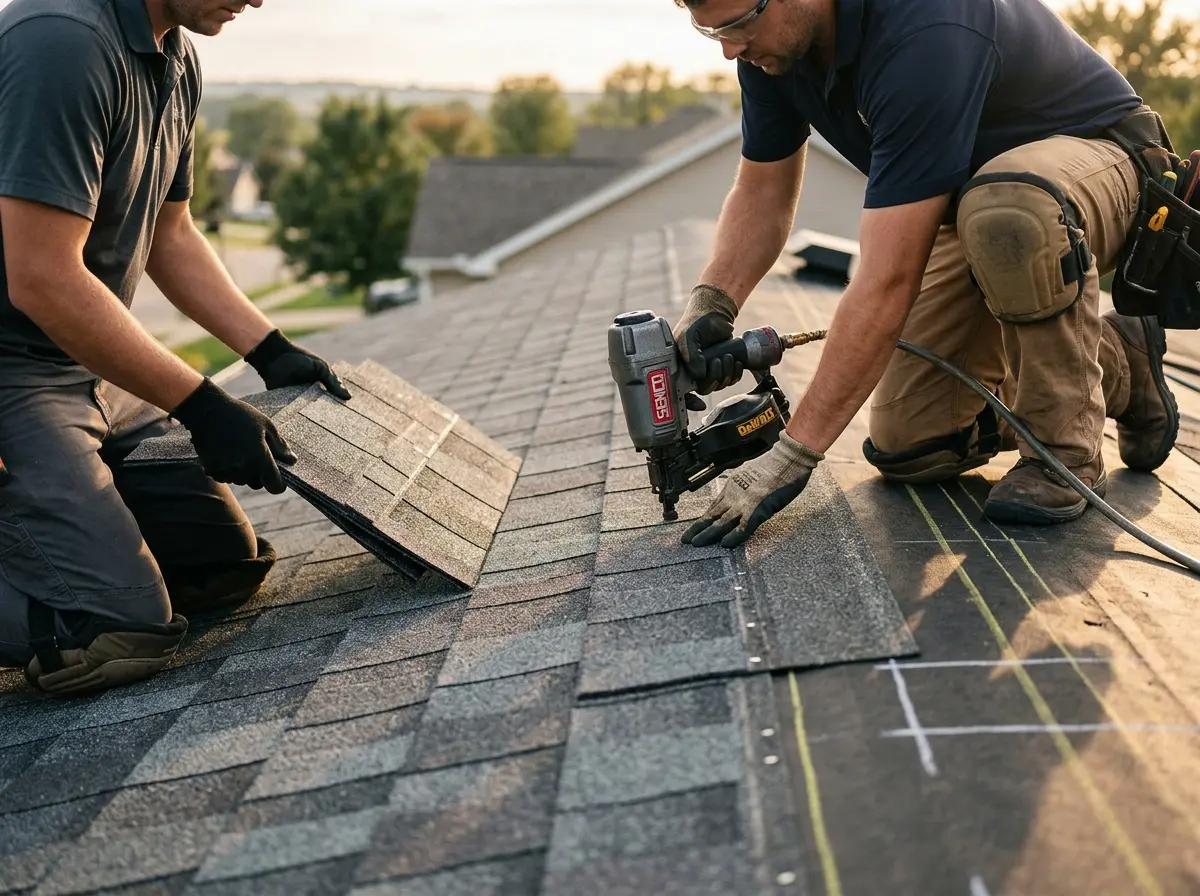 Professional roofer working on a residential roof in Highland City
